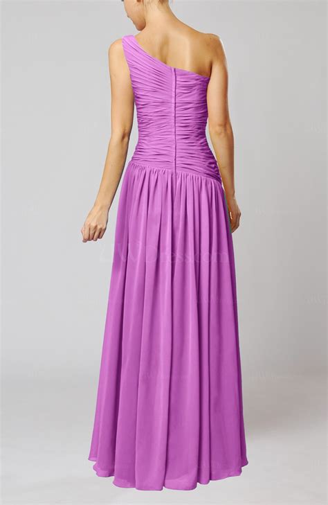 orchid plain column one shoulder sleeveless chiffon ruching wedding guest dresses