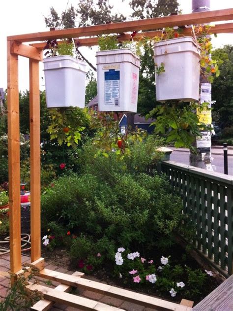 Tiered cedar planter by anika's diy life. DIY upside-down tomatoes with additional plants growing out the top, supported by a rolling ...