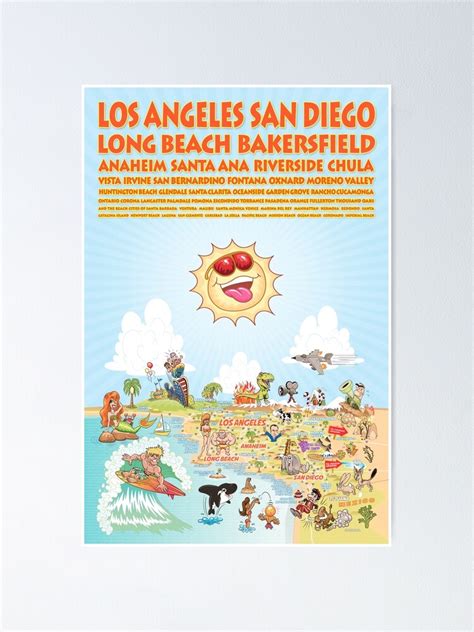 Cartoon Map Of Southern California With List Of Cities Poster By