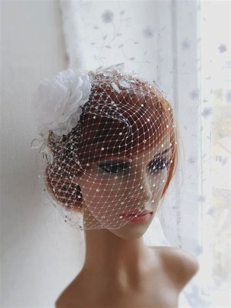 Bridal Birdcage Veil With Pearls Wedding Pearl Blusher Veil Etsy