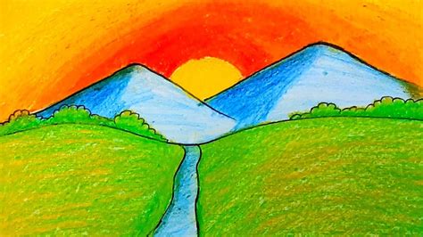 How To Draw Easy Scenery Drawing Waterfall Mountain At Sunset Scenery