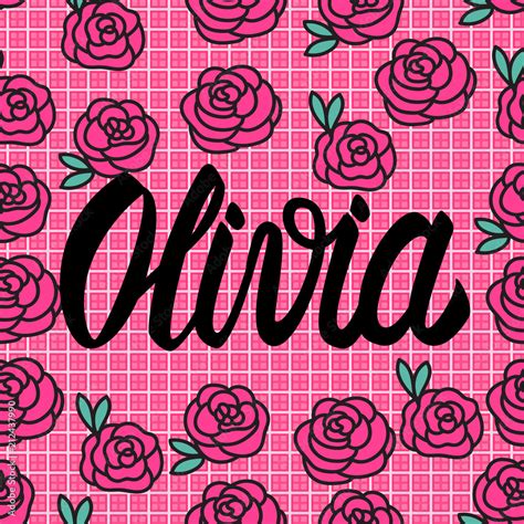 Olivia Name Card With Lovely Pink Roses Vector Illustration Stock