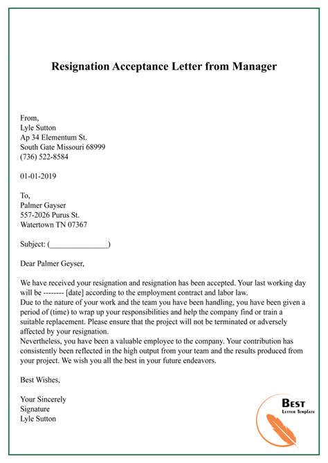 Resignation Acceptance Letter Template Format Sample And Example