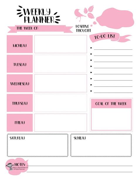 Pink Weekly Planner Printable Woo Jr Kids Activities Childrens