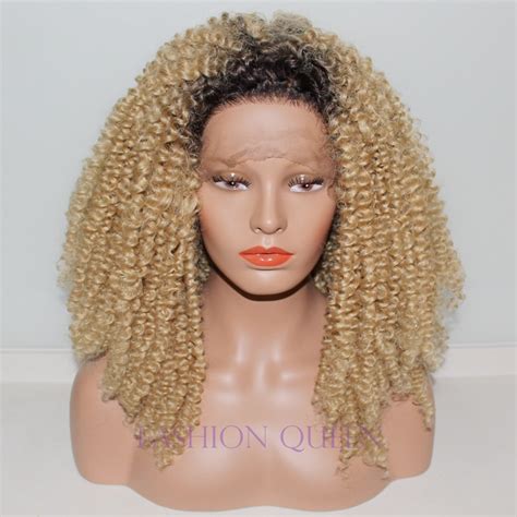 Fast Delivery 1b613 Color Afro Kinky Curly Synthetic Lace Front Wig Tone Color Black Blonde