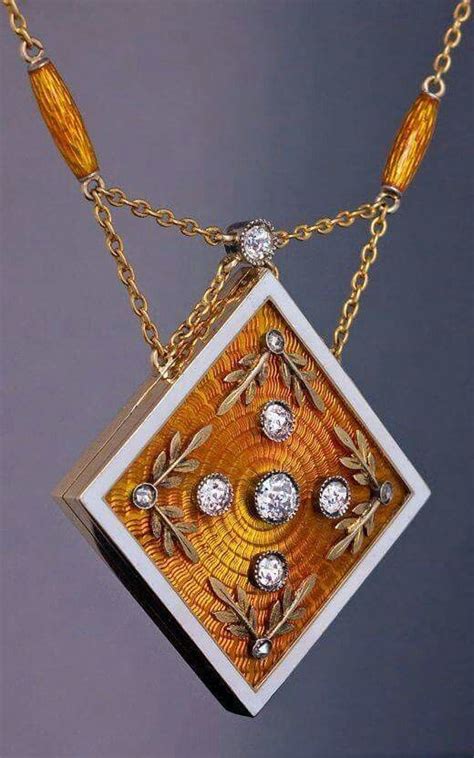 Faberge Antique Russian Enameled Gold Diamond Locket Necklace Made In