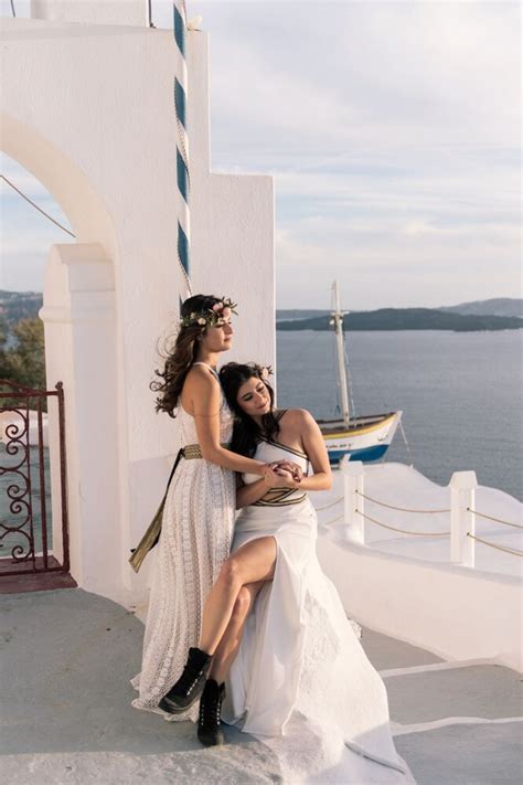 Colorful Bohemian Wedding Inspiration Off The Coast Of Santorini Love Inc Mag Lesbian