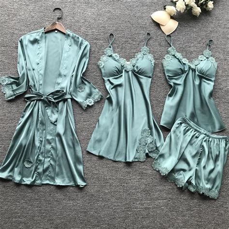 2020new Wholesale Women Four Pieces Lace Sleepwear Elegant Silk Satin