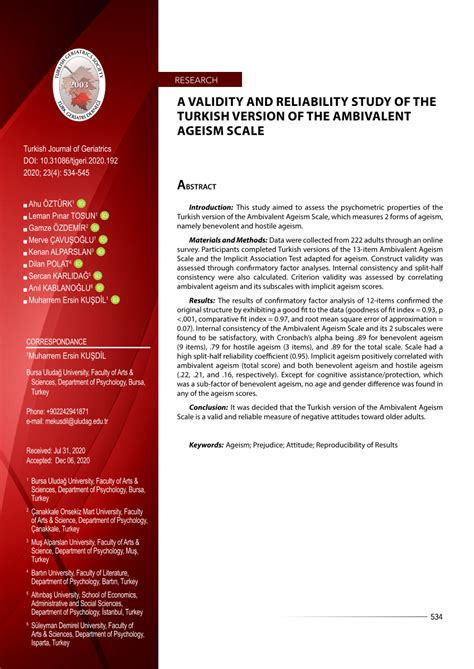 Pdf A Validity And Reliability Study Of The Turkish Version Of The