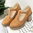 Brown Mary Jane T Strap Cleated Sole Platforms High Chunky Heels ...