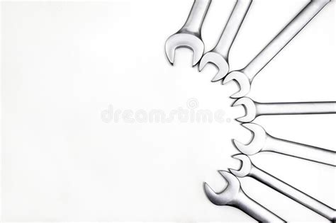 Chrome Wrenches Of Various Sizes Isolated On White Background Stock