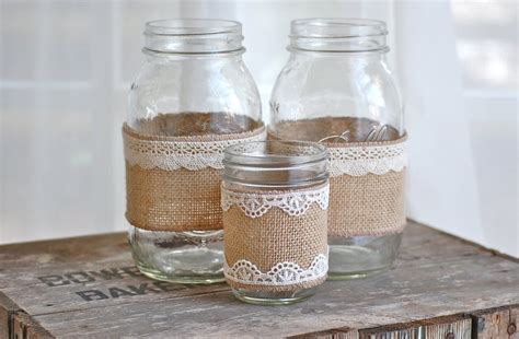 Set Of 3 Burlap And Lace Mason Jars Rustic By Heidiewithane
