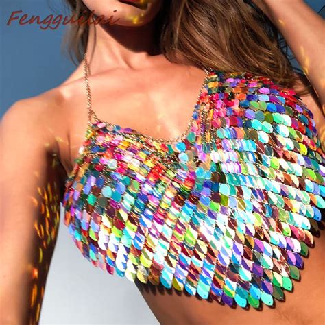 Fengguilai Sexy Halter Chain Scales Sequins Crop Top 2020 Summer Beach