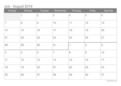 July And August Blank Schedule Calendar Template Printable