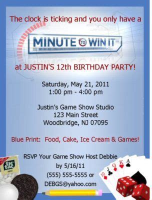 When the whistle blows, players may begin using 1 hand to stack snack cakes 1 at a time on the forehead. Minute to Win It Invitations/Birthday Party Supplies ...