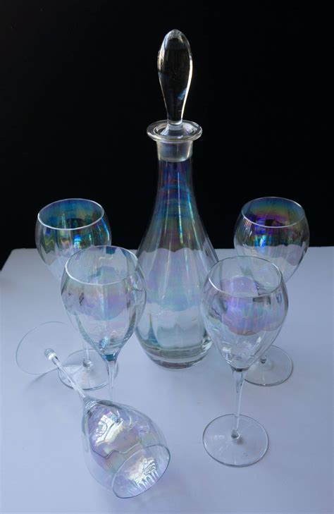 Stunning Vintage Iridescent Wine Set Rainbow Optic By Toscany Hand Blown Romanian Crystal