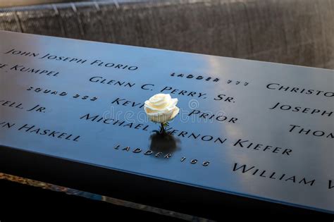 Birthday White Rose Near Name Of The Victim Engraved On Bronze Parapet