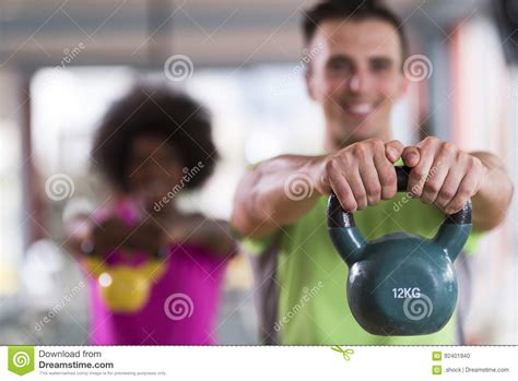 Couple Workout With Weights At Crossfit Gym Stock Photo Image Of