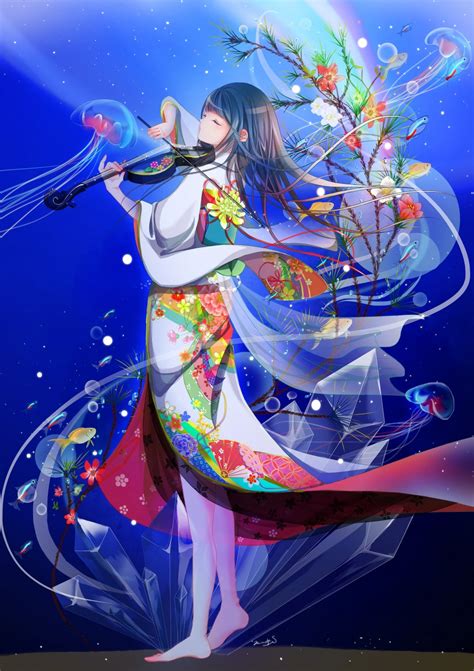 Wallpaper Anime Girl Violin Japanese Outfit Kimono