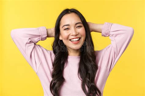 People Emotions Lifestyle Leisure And Beauty Concept Carefree Cheerful Asian Girl Smiling