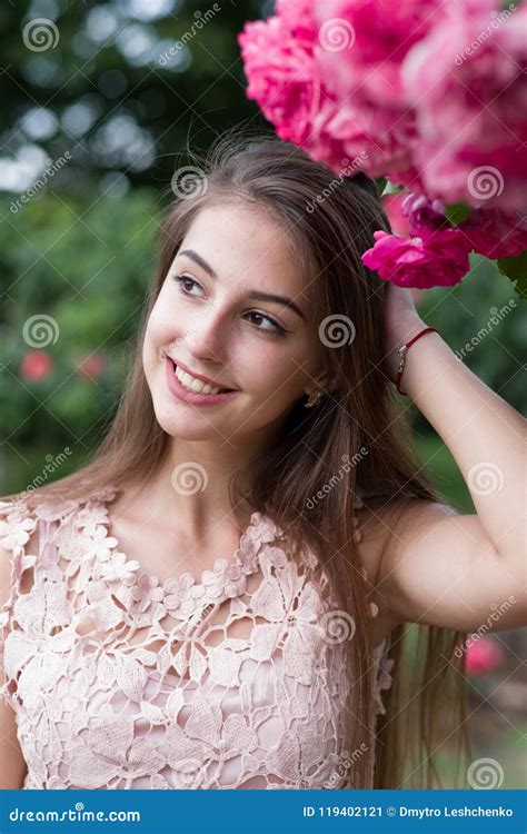 Portrait Of A Beautiful Girl Happy Girl Roses Rosarium Garden