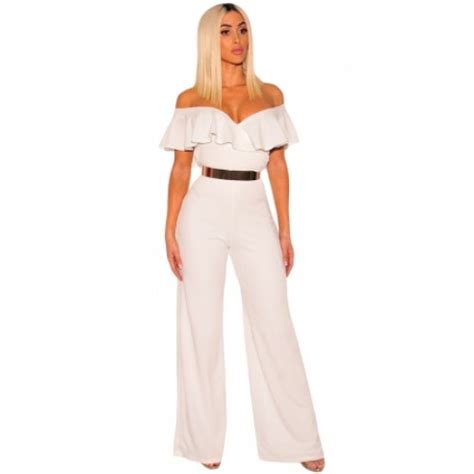 White Ruffle Off Shoulder Wide Leg Jumpsuit White Ruffle Off Shoulder