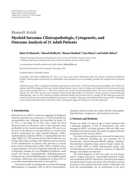 Pdf Myeloid Sarcoma Clinicopathologic Cytogenetic And Outcome Analysis Of 21 Adult Patients