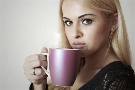 Beautiful Blond Woman Drinking Coffee Cup Of Tea Hot Drink Stock Image Image Of Lifestyles