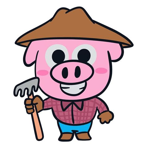 Hand Drawn Funny Little Pig Farmer With Garden Fork Cartoon Character