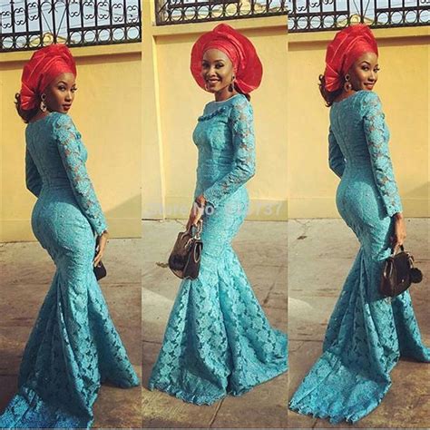 Sexy African Blue Lace Mermaid Evening Dress Long Sleeves Nigeria