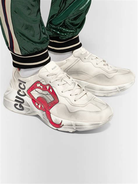 Gucci Mens Rhyton Leather Sneakers With Mouth Print In White Modesens