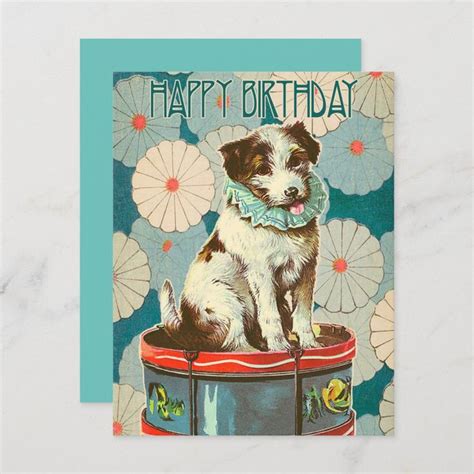 Vintage Retro Dog On Drum Happy Birthday Card Happy
