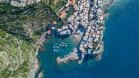 Overhead Aerial View Of Vernazza Port Beach In Cinque Terre Italy