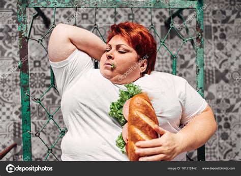 Fat Woman Bed Eating Sandwich Unhealthy Lifestyle Obesity Concept Stock Photo Image By