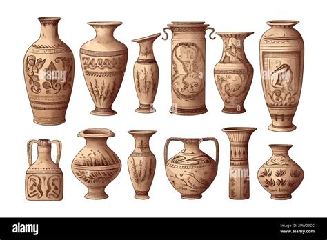 Greek Vases Isolated On Background Cartoon Vector Illustration Stock