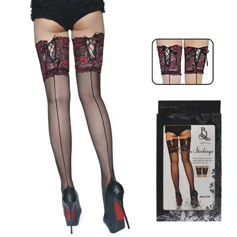 punk maid sexy cuban heel back seam stockings wide lace up hold up silicone floral top thigh
