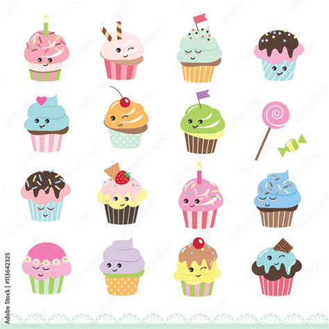 Kawaii Cupcakes Set Cute Cartoon Characters Vector De Stock Adobe Stock