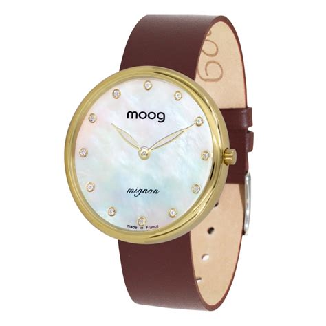 moog paris mignon women s watch with white mother of pearl dial brown genuine leather strap