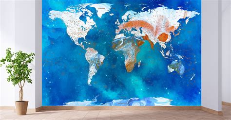 Mural Watercolor Wallpaper World Map Large Scale Mural Wall Etsy