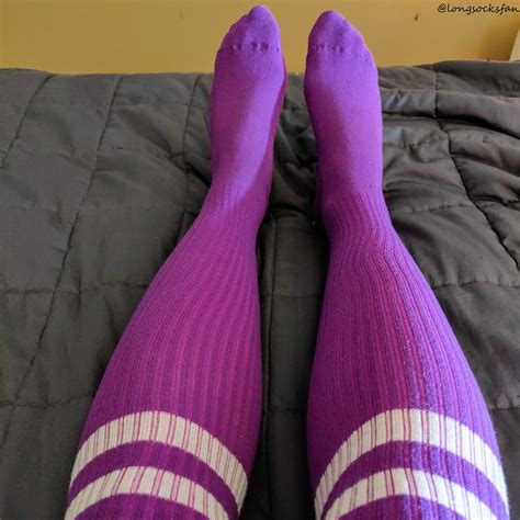 purple over the knee socks with white stripes over blue le… flickr