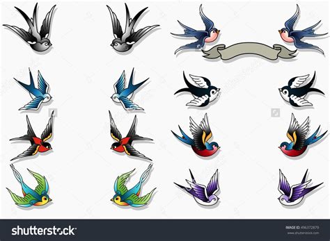 Stock Vector Traditional Tattooing Style Swallows Set Birds Sparrows