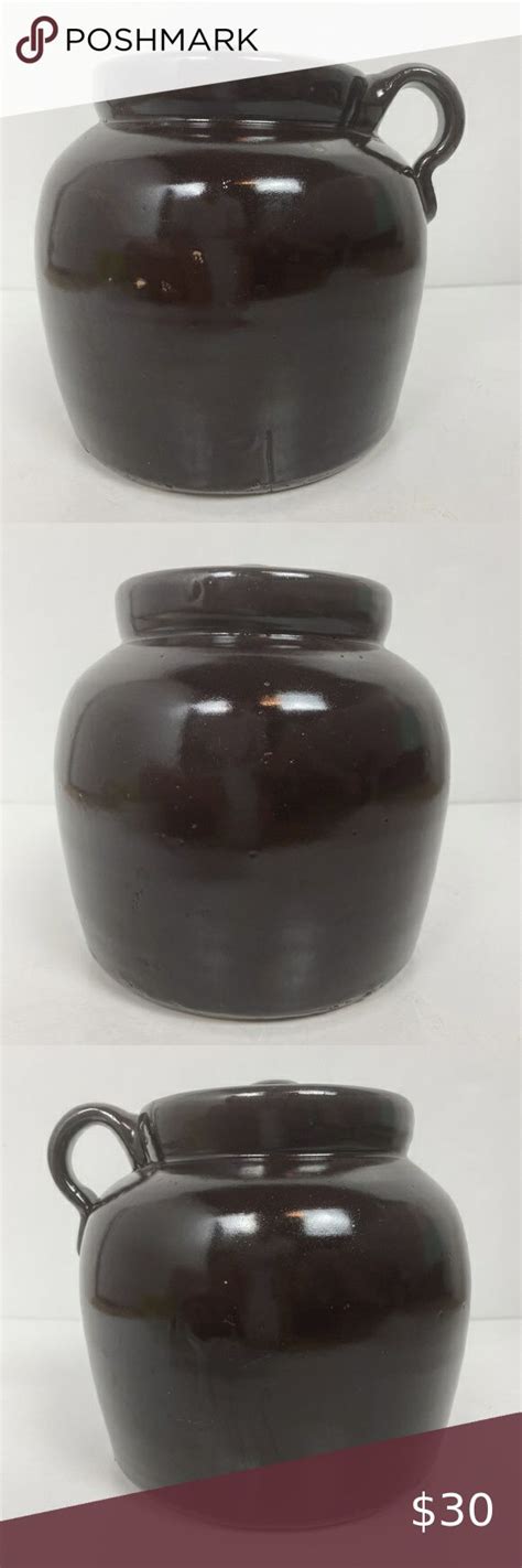 Vintage Round Brown Stoneware Bean Crock Pot Jar With Lid Pottery