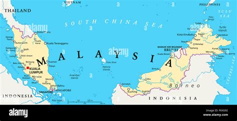 Malaysia Political Map With Capital Kuala Lumpur National Borders