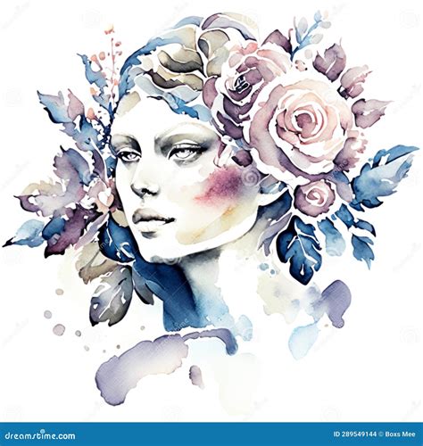 watercolor portrait of a beautiful girl with flowers in her hair generative ai stock