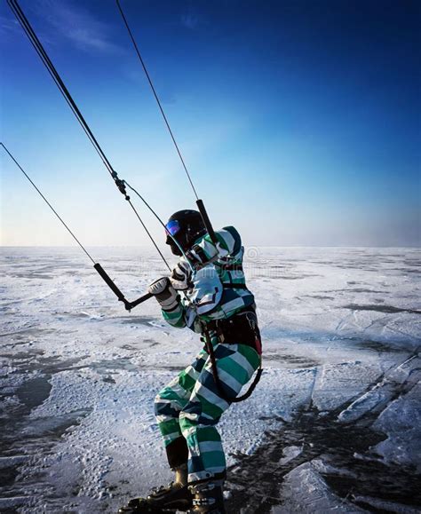 People Kiteboard Ice Sail Frozen Lake Snow Winter Stock