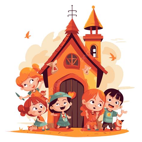 어린이 교회 동물 벡터 및 Psd 이미지와 교회 밖에있는 만화 어린이 상표 클립 아트 Png 일러스트 및 벡터 에 대한