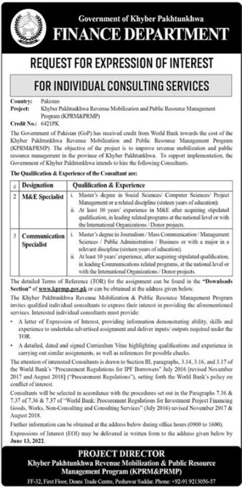 Consultant Required At Finance Department Kpk 2023 Job Advertisement