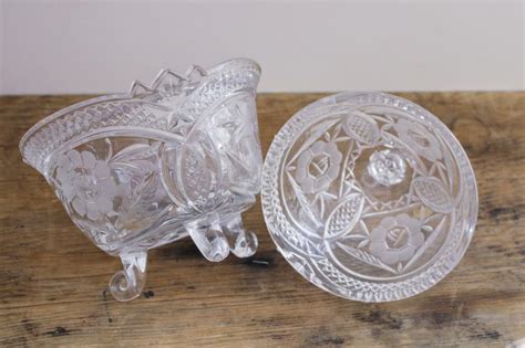 Vintage Crystal Clear Glass Candy Dish Cut Flower Pattern Three Toed