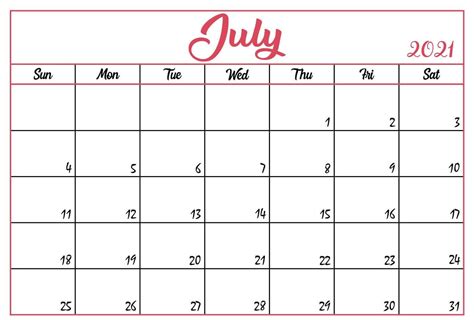 Blank July 2021 Calendar Template Editable Printable In Pdf Word Excel