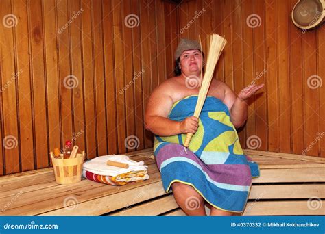 Fun Big Woman In Sauna Stock Photo Image Of Overweight